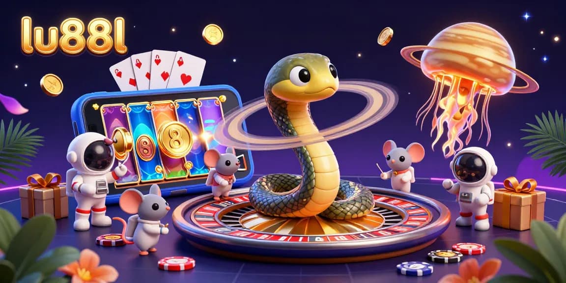 Bet on the dynamic gaming universe of lu88l with intricate 3D visuals of cartoon characters placed among exciting casino elements.