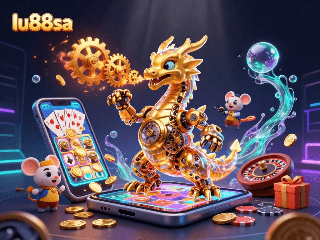 Experience exhilarating fun at lu88sa with dynamic casino games showcasing animated golden dragon characters.