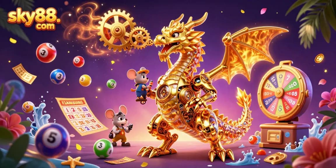 Engage in thrilling gameplay at sky88. com with a dynamic scene of a golden dragon and lottery elements.