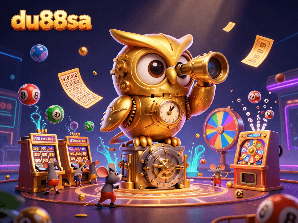 Experience the vibrant du88sa casino scene filled with golden owls, lottery balls, and prize wheels.