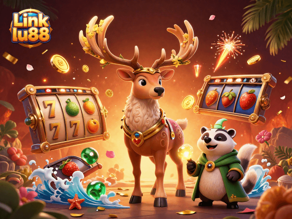 Engage in thrilling play at Link lu88 with a vibrant 3D casino scene featuring mystical characters and dynamic game elements.
