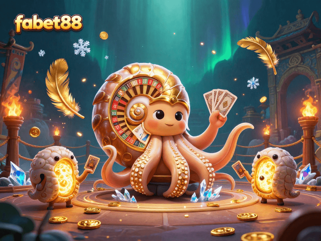 Experience thrilling gaming action at fabet88 with a giant nautilus roulette wheel and glowing ammonite companions.