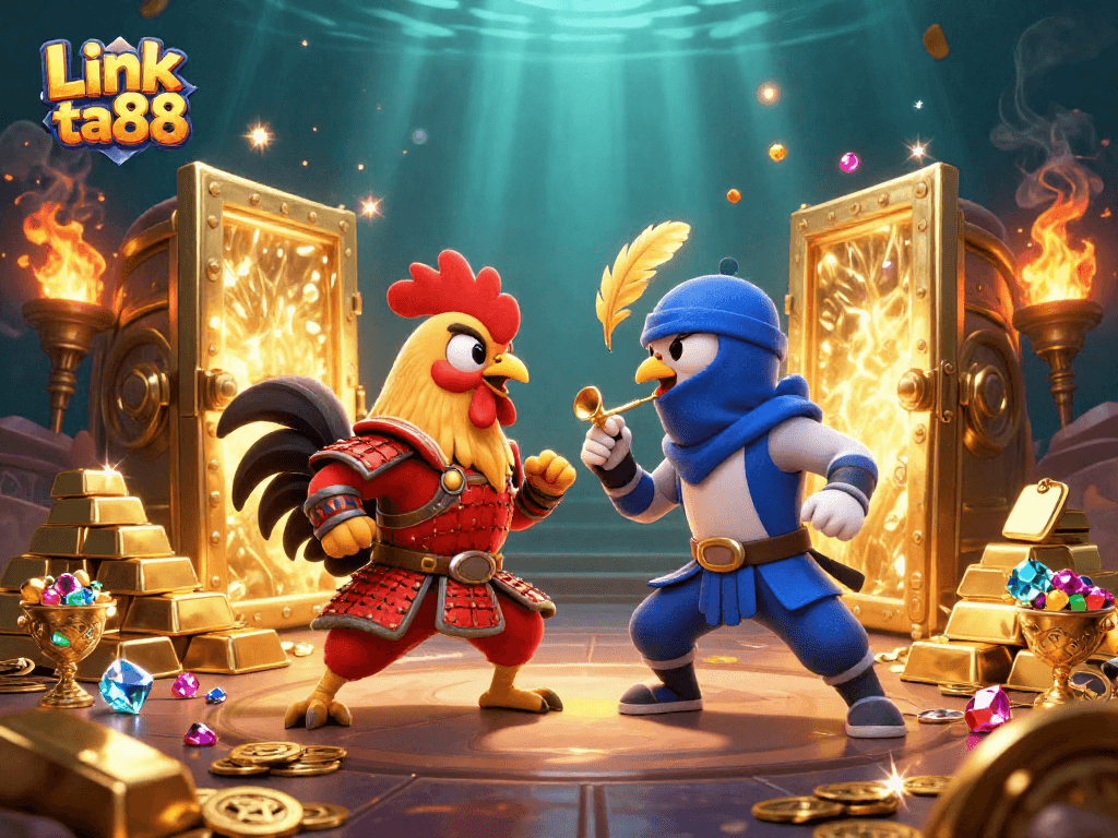 Link ta88 showcases a thrilling 3D cartoon scene of roosters battling, surrounded by gold treasures.