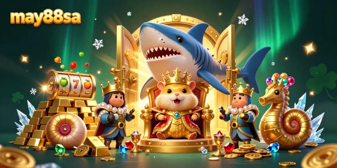Experience may88sa's vibrant casino joy with a dynamic illustration of lucky treasures and royal characters.