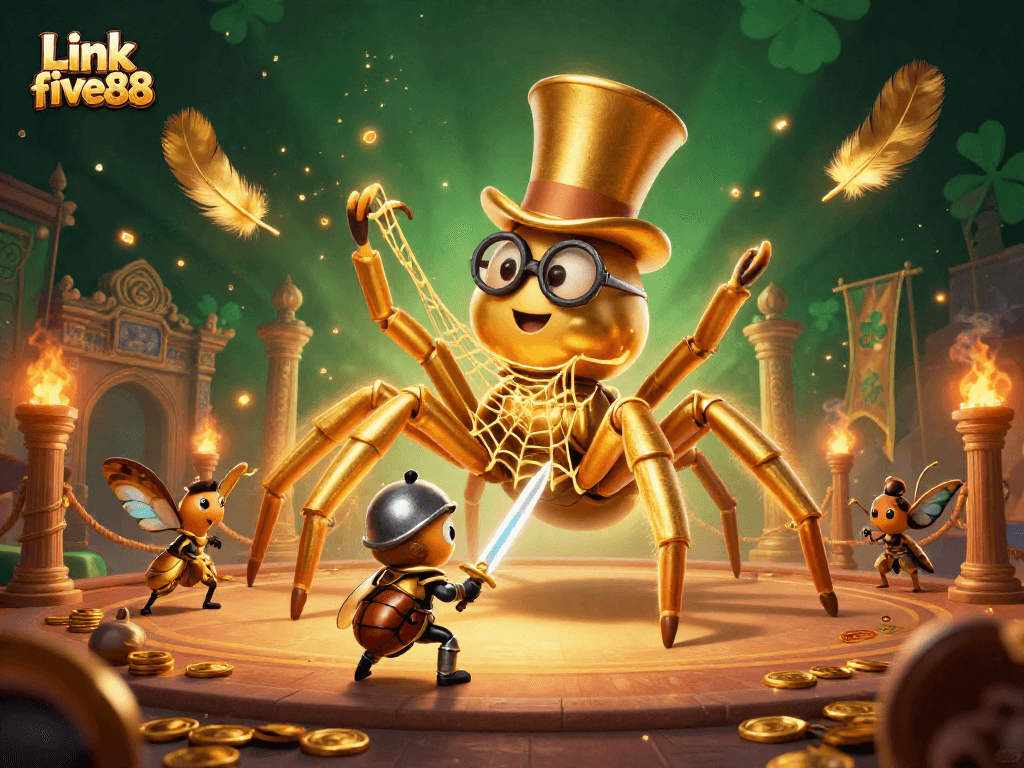 Engage with Link five88 in a vibrant casino fantasy featuring a golden tarantula and beetle knight.