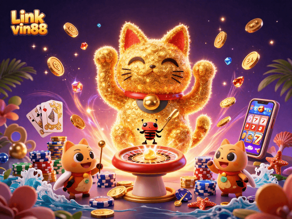 Experience the excitement of Link vin88 with a lucky cat illustration in a vibrant casino scene.