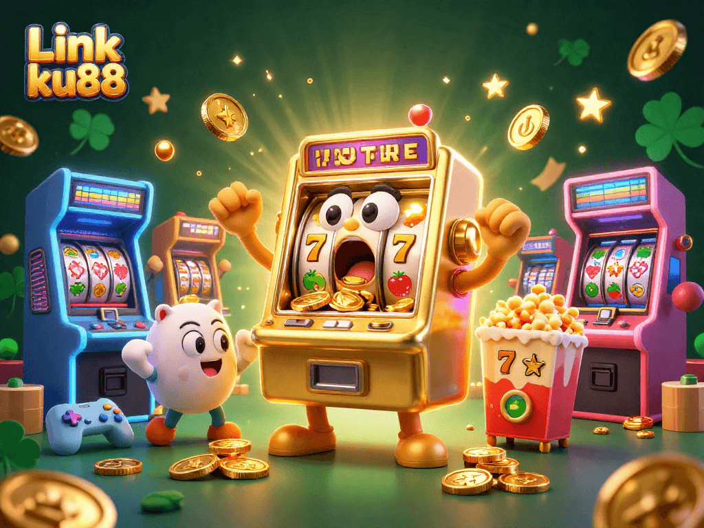 Link ku88 showcases a lively 3D slot machine scene celebrating wins amidst colorful gaming elements.