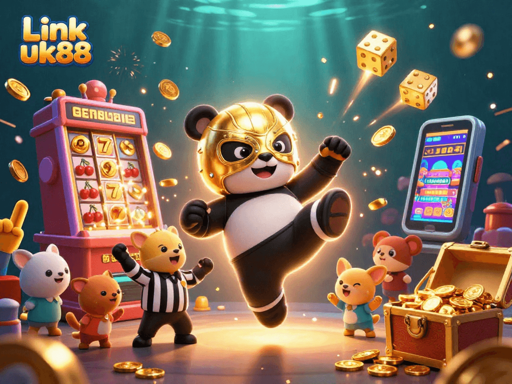 Experience thrilling gaming with Link uk88, featuring a vibrant illustration of a panda wrestler and exciting casino elements.