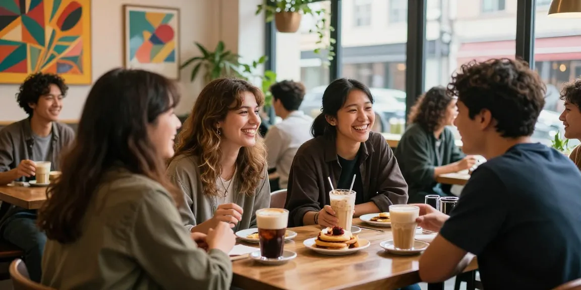 Friends laughing over coffee, sharing stories about their crush on someone in a cozy café.