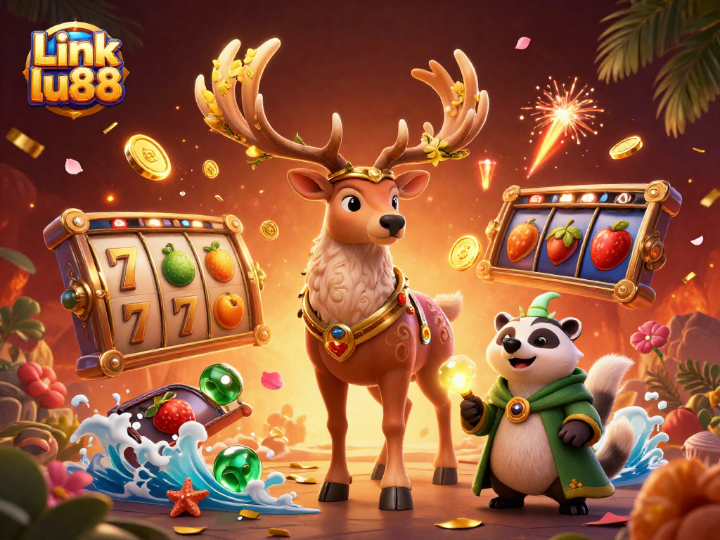 Engage in thrilling play at Link lu88 with a vibrant 3D casino scene featuring mystical characters and dynamic game elements.