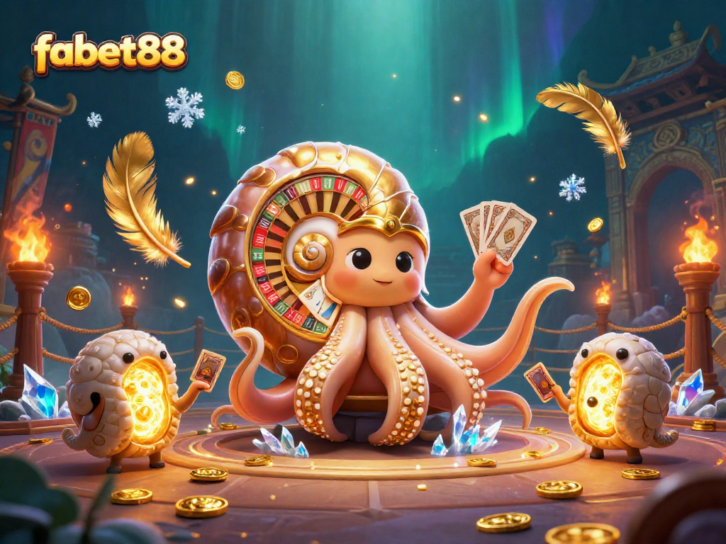 Experience thrilling gaming action at fabet88 with a giant nautilus roulette wheel and glowing ammonite companions.