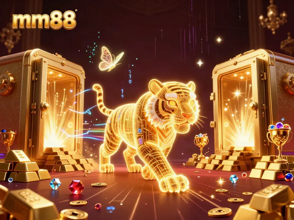 Experience thrilling gameplay at mm88 with a dynamic illustration of a golden tiger in a vibrant casino.