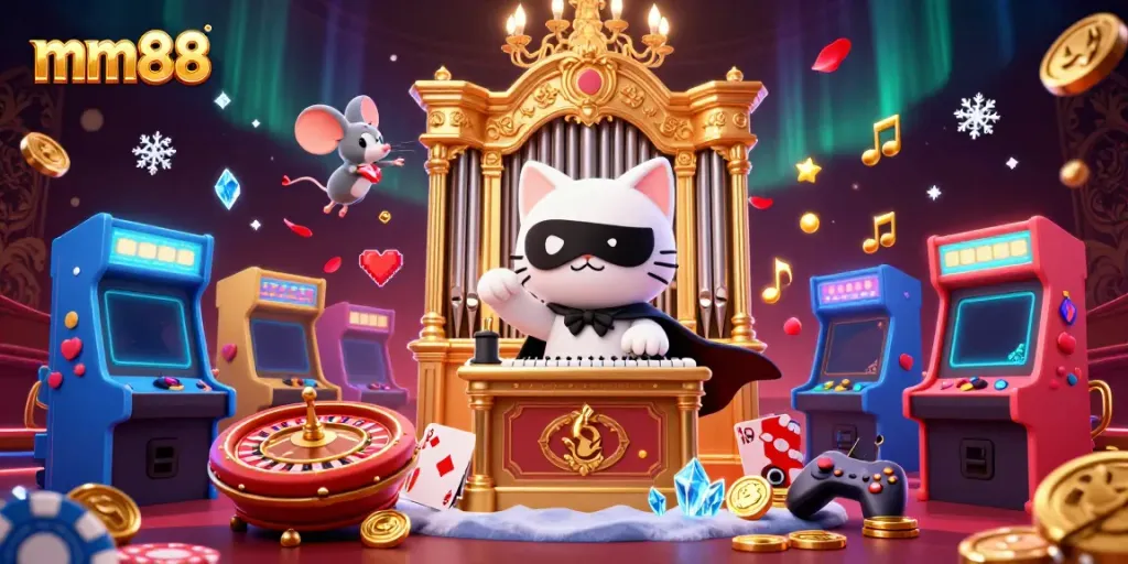 Engage with mm88 gaming excitement showcased by a cartoon cat at a casino, vibrant and detailed.