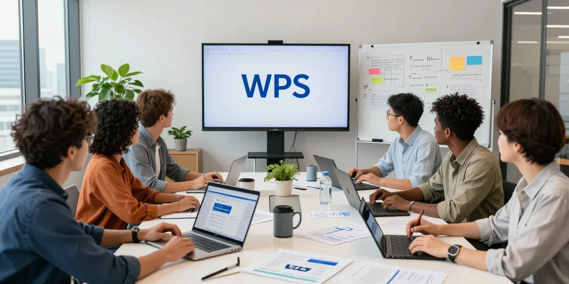 Team collaborating on WPS Official Website strategies in a vibrant office.