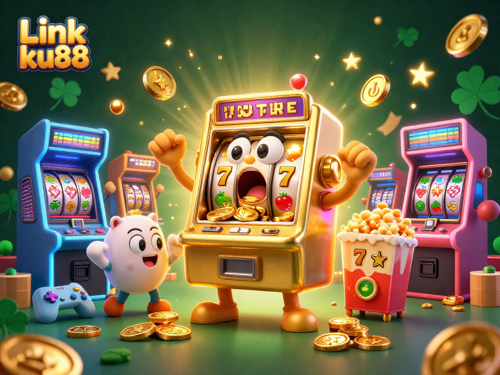 Link ku88 showcases a lively 3D slot machine scene celebrating wins amidst colorful gaming elements.