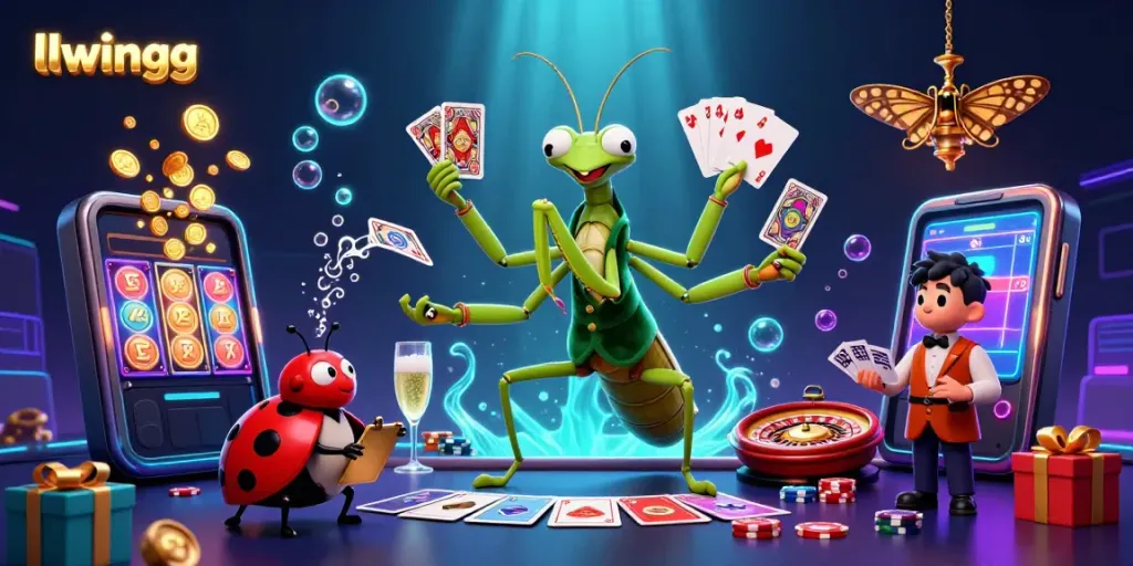 Experience the thrill of llwingg's casino with a dynamic scene of a mantis card sharp and ladybug pit boss amidst gaming action.