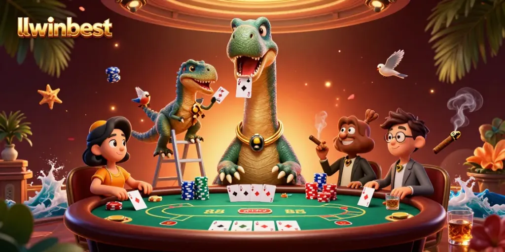 Experience thrilling moments at llwinbest casino, featuring a whimsical dinosaur and engaging poker scene.