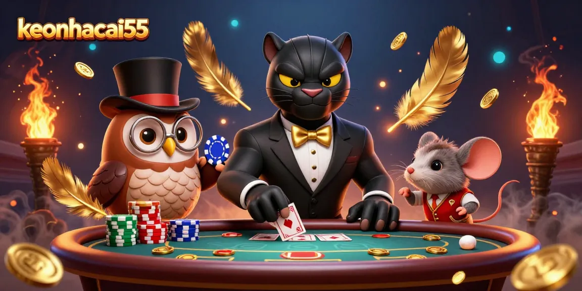 Engaging 3D scene of keonhacai55 where a stylish panther deals poker cards amidst vibrant casino elements.