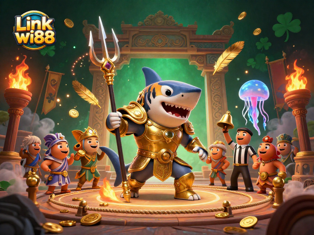 Experience thrilling excitement at Link wi88 with a dynamic underwater casino scene featuring a shark gladiator and a cheering crowd.