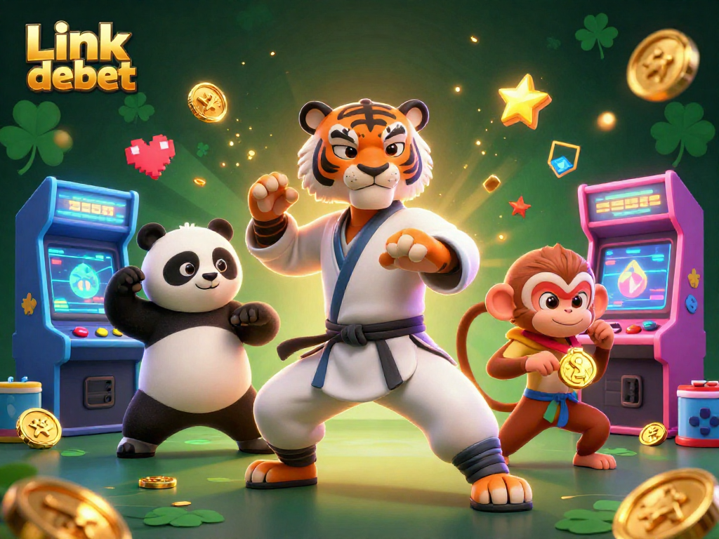 Engage with Link debet through a thrilling 3D representation of a kung fu tiger master, panda disciple, and monkey stealing a medal among vibrant casino elements.